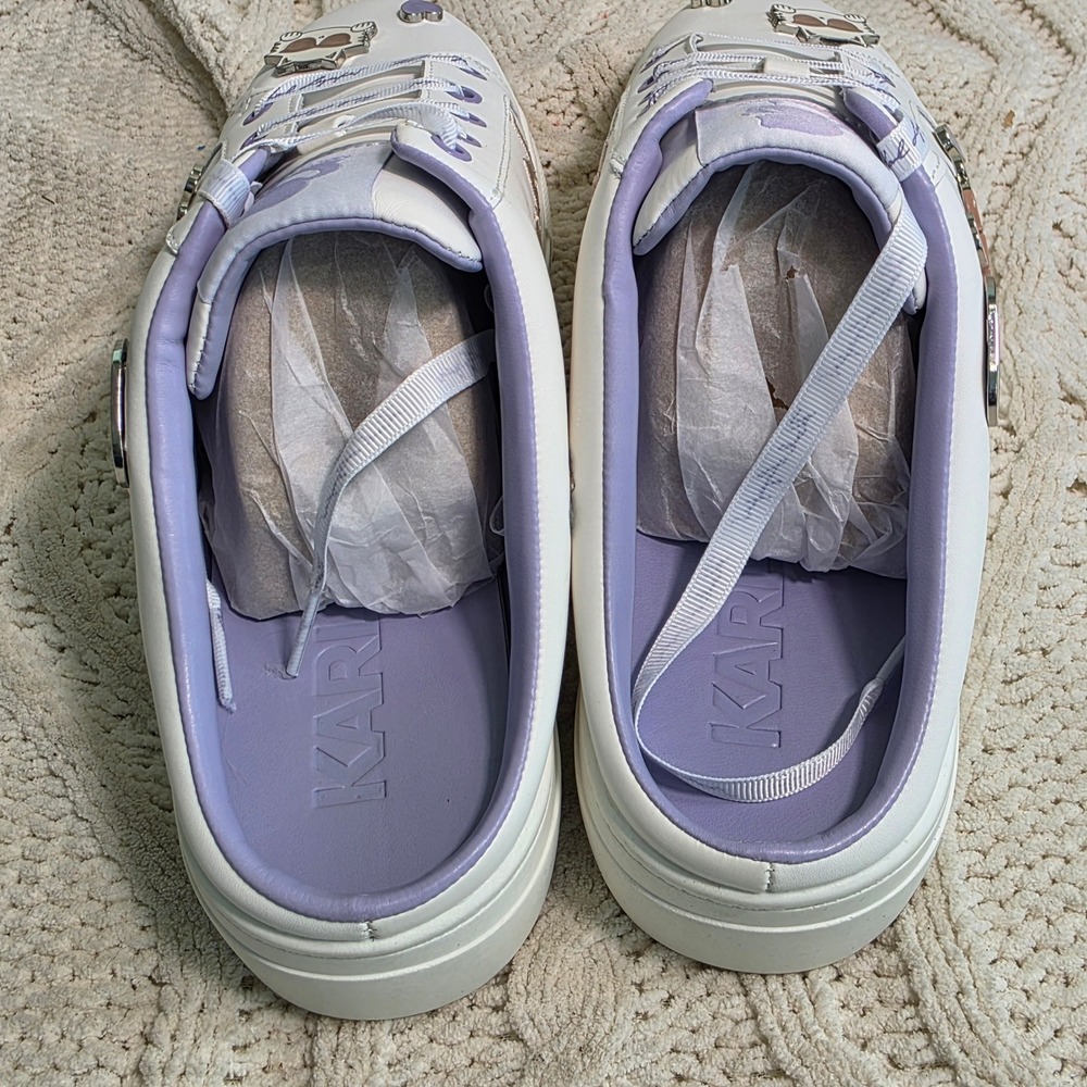 Karl Lagerfeld Paris Cambria Mule Sneakers Cat Charms White Purple Women 9 NEW - Picture 5 of 7